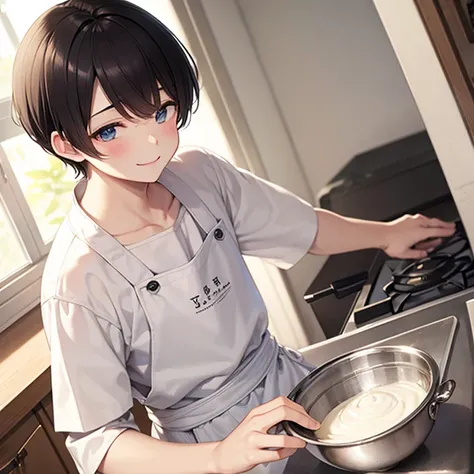 White Day、    white chocolate、 Dark Haired Boy   、   boys、18 years old 、    white chocolateを作ってる、 apron、  clean kitchen 、smile、  happy