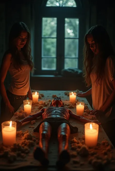  It generates the image of two young women who try to escape from a chilling scene, specifically from a room full of candles with a mutilated body with symbols of witchcraft in the center but who, when fleeing, realize that both the doors and windows of th...