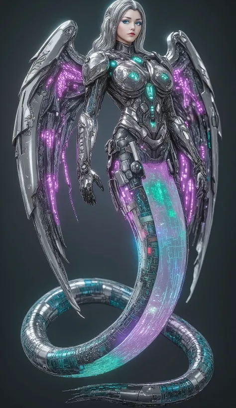 Create a massive, futuristic Serpent Woman, towering above a vast, quantum cyber city. Her upper body is human, but armored in sleek, advanced combat gear, featuring futuristic plating, glowing circuits, and neon accents, giving her the appearance of a hig...