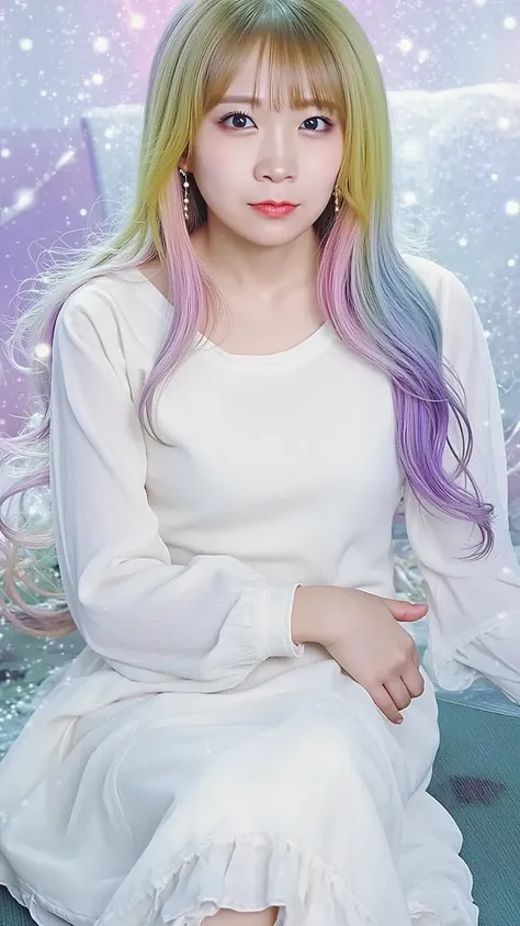 Girl in a dream. I have long, colorful hair.  wearing white clothes  .It&#39;s a rock band.I&#39;m singing a song.Notes flying around.This is an illustration of the highest quality.What a beautiful illustration!.Very colorful.