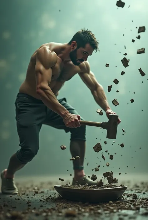 A man breaking a weighing scale with a hammer.  surreal 