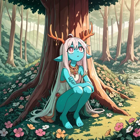 masterpiece, best quality, amazing quality, very aesthetic, high resolution, ultra-detailed, absurdres, newest, Anime screencap, highly detailed, high quality, hyper-Detailed, mistico_IL. BREAK. antlers, solo, horns, flower, colored skin, barefoot, 1girl, ...