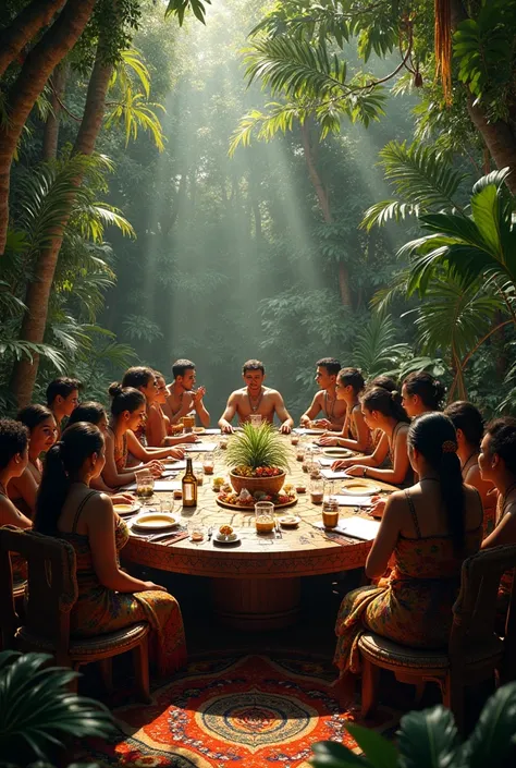 hello,  can you help me create the image of a communal meeting place in the Peruvian jungle where I am leading a dialogue table with 100 people, But what do people see not my person ?