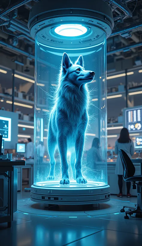 A futuristic sci-fi lab where scientists create a large, blue-furred German Shepherd Avatar Dog in a glass pod, surrounded by glowing monitors and holograms.