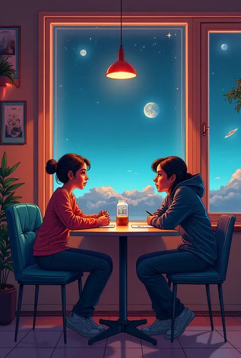 space-themed novel cover, the table in the corner of the cafe where they used to chat and there was a photobooth of the strip of the two of them, don&#39;t look like AI, the illustration is like a hand drawing