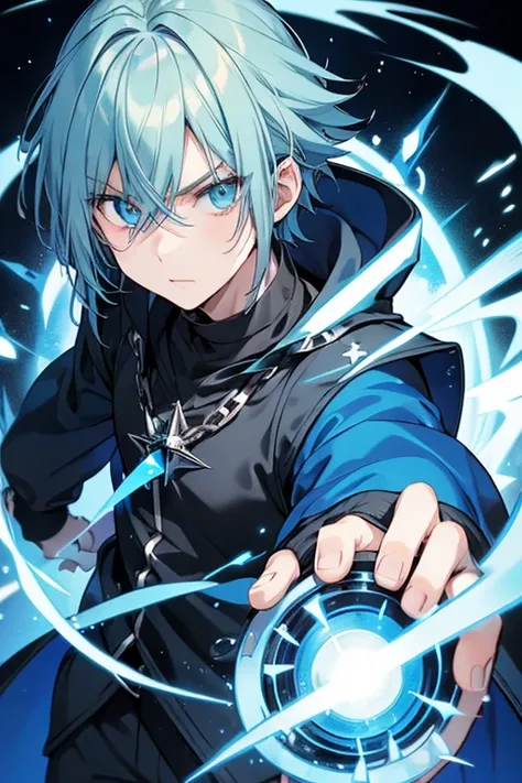 Boy from from 9 , , ,  male gender, Wearing black sweatshirt from blue,  spiky blond hair . Bright little green eyes, straight hair, 2d anime style, cute, serious,  with blue flames on her hands. mago, wizard.  . Masculine boy 