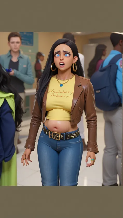 Isabela Merced, 1girl, solo, blue eyes, shocked face, looking at her hands, thick thighs, wide hips, curvy hips, blue skin, multicoloured skin, laboratory, 4K, masterpiece,partial blueberry inflation, full blueberry inflation, hyper blueberry inflation, sp...