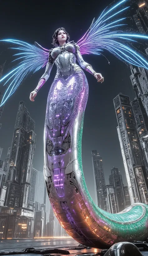 Create a massive, futuristic Serpent Woman, towering above a vast, quantum cyber city. Her upper body is human, but armored in sleek, advanced combat gear, featuring futuristic plating, glowing circuits, and neon accents, giving her the appearance of a hig...