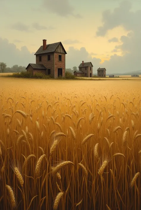 wheat field, evening, old mills , view from the ground ,  artist's painting