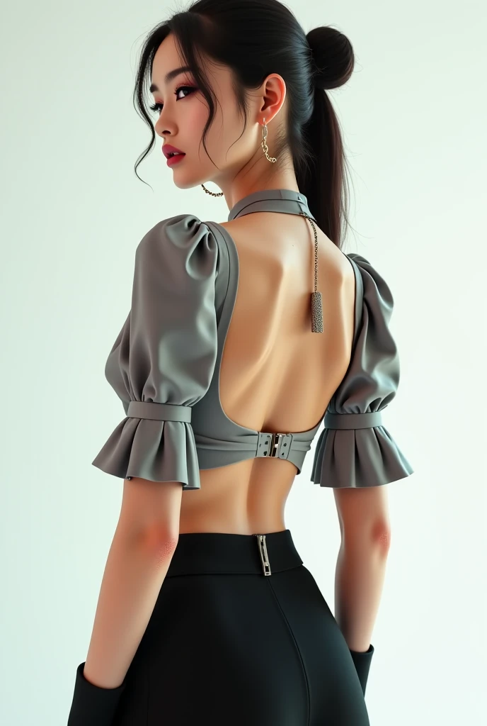 Create an image for panel wear a Korean model wearing fashionable casual crop top backless, and long sleeve on one arm other arm is sleeveless for clothing brand.