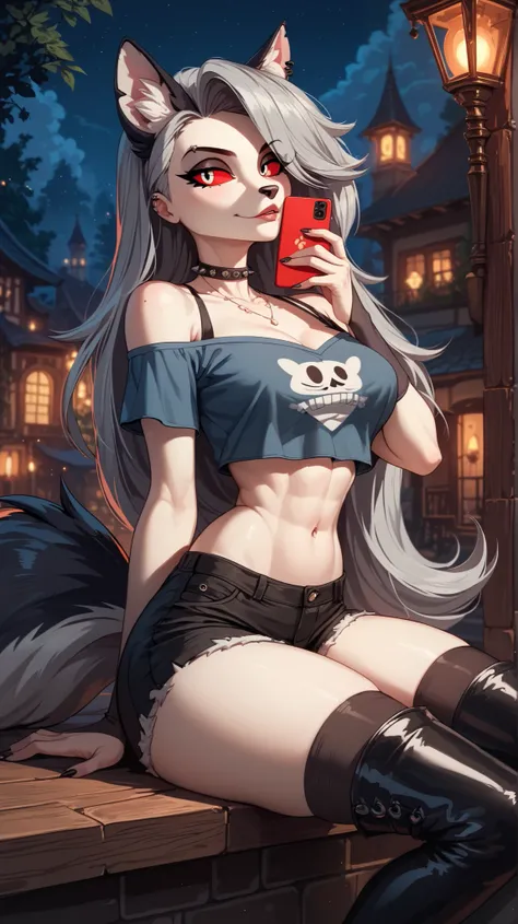 Perfect eyes, perfectly sexy face , extremely detailed, looking at the spectator, red eyes, loona, hazbin hotel, wide hips , animal ear, animal ears , animal nose, tail, shorts brancos, short shorts , thigh boots, short top, apenas_shoulder, Fantas...
