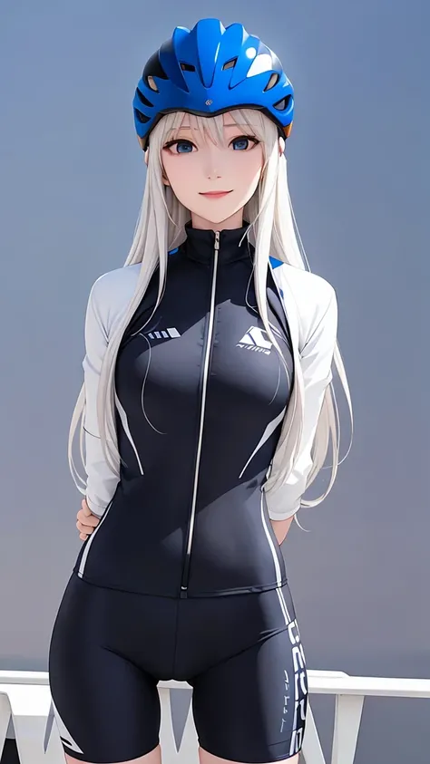 woman is smile, long hair white, she is solo, from alternative world ,best quality, realistic, cycling full blue and black mix color suit and cycling sports shorts, she is stand , helmet 