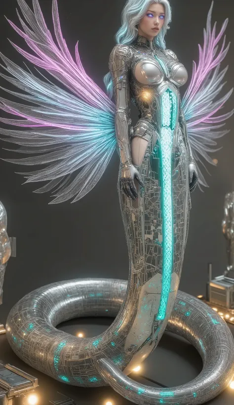 Create a massive, futuristic Serpent Woman, towering above a vast, quantum cyber city. Her upper body is human, but armored in sleek, advanced combat gear, featuring futuristic plating, glowing circuits, and neon accents, giving her the appearance of a hig...