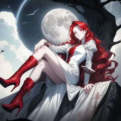 ,  art deco comic book ,  does a beautiful female vampire exist ,   pale skin,  bright eyes,  red hair,   long hair, Loose hair,  she wears a white leather dress ,  stiletto style black high heel boots ,   with vampire fangs ,   while she sits on top of a ...