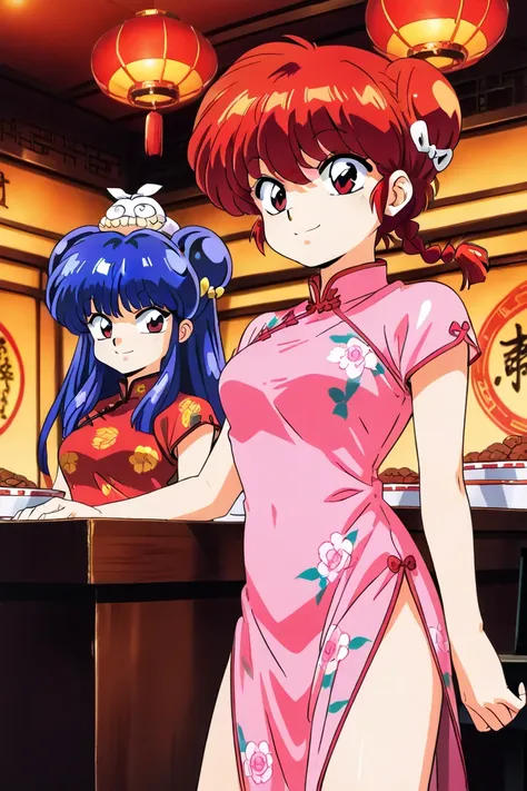 1/2 Ranma Shampoo-chan, red eyes, blue eye shadow, long blue hair, bun on both sides of head, red hair tie, pink floral print Chinese dress, Chinese restaurant in background, smiling