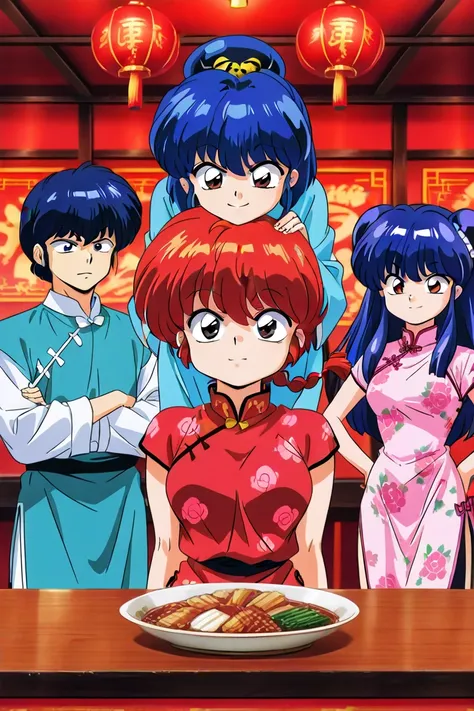 1/2 Ranma Shampoo-chan, red eyes, blue eye shadow, long blue hair, bun on both sides of head, red hair tie, pink floral print Chinese dress, Chinese restaurant in background, smiling