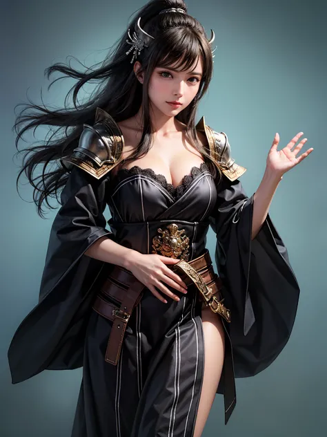 A woman wearing black armor and a black cloak, cowboy shot, 1 person,Cleavage , highly detailed face and skin textures, looking at the camera, perfect beauty : 1.4, fine grain,Double eyelids, Whitening, perfect face,  cute and symmetrical face , shiny skin...