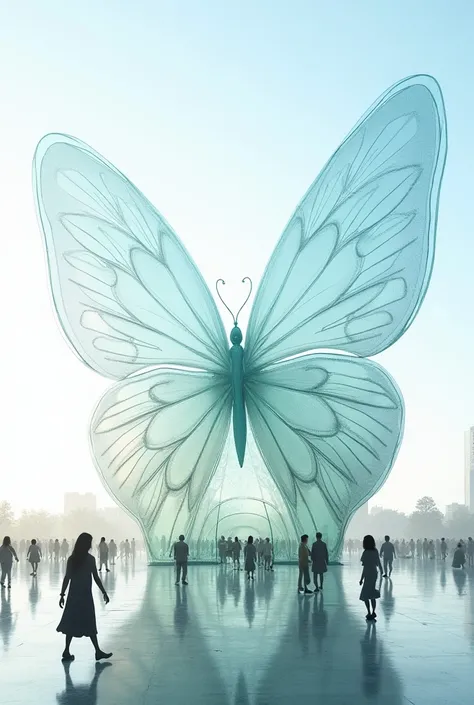 A building in the shape of a butterfly's head. Made entirely of glass. People walking around