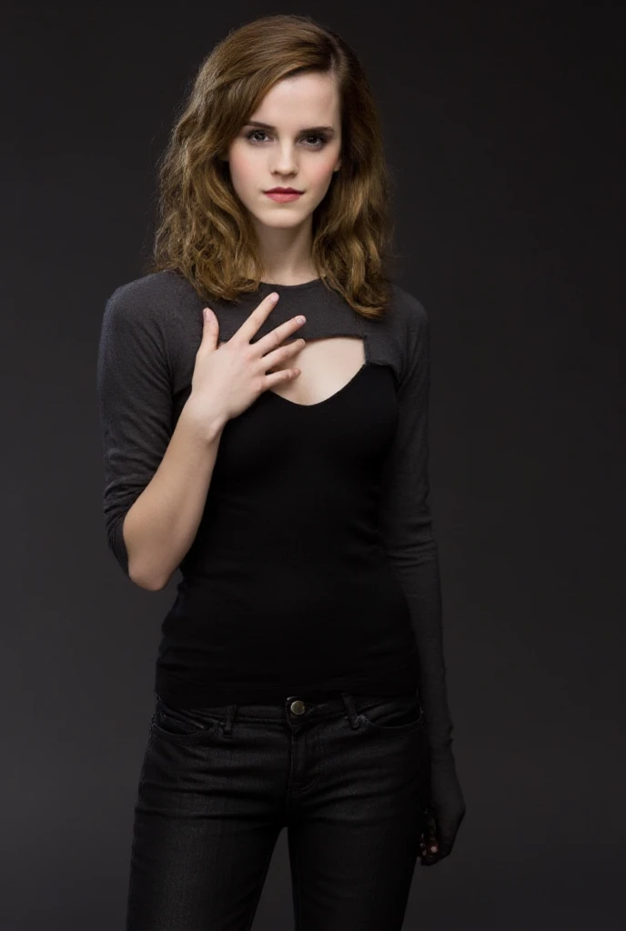 Emma Watson is wearing tight black high-waisted jeans, you can see her butt,  slim figure, holds her right breast with one hand 