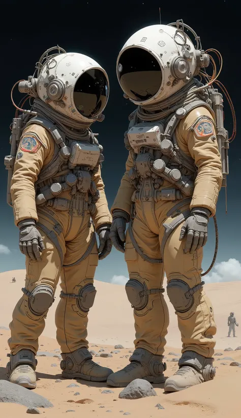 There are 2 figurines of 2 astronauts in spacesuits, Concept art inspired by Scott Listfield,  ZBrush Central Contest Winners,  what is it ？, Detailed space suit, Whole body 1 / 6 nihei tsutomu, Dusty space suit, Sci-Fi spacesuit,  male robotized antro dol...