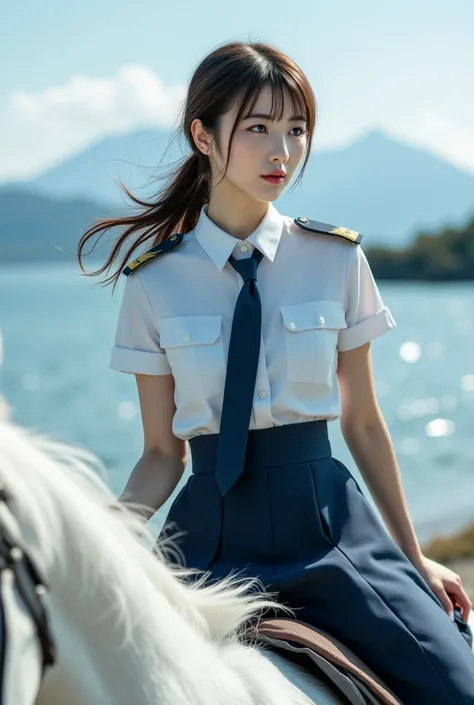 Sexy beautiful Japanese woman, a self defense officer uniform, wearing a white short-sleeved shirts, navy blue tie, navy blue pencil skirt, Black patent high heels, beautiful hip-line, Beautiful thighs, Realistic photograph of a woman riding a white horse ...