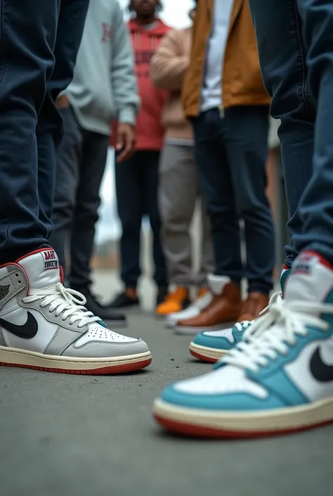 Walking closeup shot of shoes of Group of guys wearing sneakers like jordan, airforce, dunks