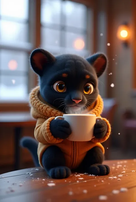 Baby panther in thermal clothes drinking coffee with a  in a restaurant in the snow 3D animated 