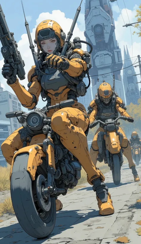  anime characters wear guns and helmets、 riding a motorcycle , Mecha human, Organic to the anime robot , painterly humanoid Mecha,  Baymax style , medical Mecha canine, japanese Mecha, Yoshida Akihiko , # Mecha, Mecha anthropomorphic penguin, ヒューマノイドMecha