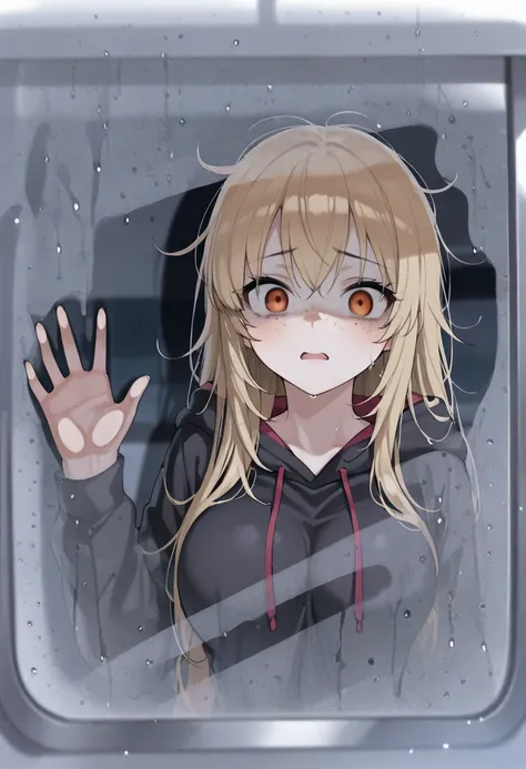 1girl, solo, masterpiece, best quality, [XL] Scared Expression LoRA,  scared expression, shaded face, condensation, hand on glass, blurry, water drop, long blonde hair, messy hair, dark circles underneath her eyes, orange eyes, black hoodie, fist on the wi...