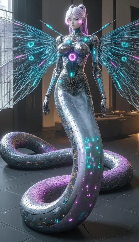 Create a massive, futuristic Serpent Woman, towering above a vast, quantum cyber city. Her upper body is human, but armored in sleek, advanced combat gear, featuring futuristic plating, glowing circuits, and neon accents, giving her the appearance of a hig...