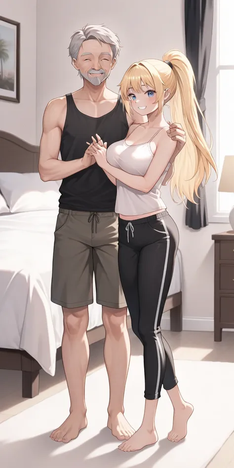 male, old guy, short gray hair, tall, thin body, bare chest, shorts pants black, bare foot, smiling, hold the shoulders with both hands, female,  seventeen years old girl, Blonde hair, high ponytail long hair, camisole, full body, big breast, barefoot, bed...