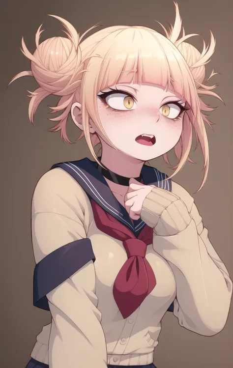 Himiko Toga, (((masterpice))), ((best qulity)), ((highres, absurdres)), (detailed), ,  1girl, solo, upper body, skinny, detailed face, medium breasts, , , white sarong , double bun, blue hair, clothing cutout, , choker, head tilt, makeup, (simple backgroun...