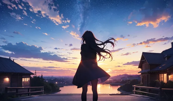 Slope、Night Sky、star、long road、slope、 in the seat,  spectacular blue sky and clouds ,Rear View、長髪の女性のRear View、 anime style,, null, (null), scenery, starry null,   alone, (Rear View),  Perfect Hands, Outdoors, building, wood, Country town,  silhouette ,  c...