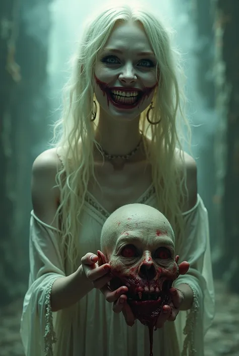 Creepy albino skinny woman with wavy very long hair, scary eyes and laugh, bohemian dress, holding a bloody decapitated head of a man and showing it to the viewer. Ethereal, Photorealistic, Glowing Light, Cowboy Shot, From Below, Screaming, Hoop Earrings, ...