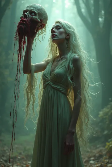 Creepy albino skinny woman with wavy very long hair, scary eyes and laugh, bohemian dress, holding a bloody decapitated head of a man and showing it to the viewer. Ethereal, Photorealistic, Glowing Light, Cowboy Shot, From Below, Screaming, Hoop Earrings, ...