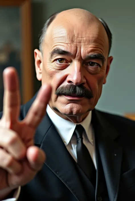 Creat a image of Vladimir Lenin leader of balshviks taking a selfi while holding up a peace sign