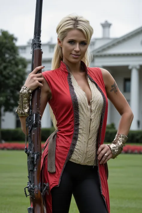 a cute woman as an American revolutionary war soldier (sexy uniform, tight yoga pants leggings labia well defined, uniform top open no bra) she has her 1700s rifle leveled at viewer, the White house is behind her, "FUCK U.S. A.I.D.' is written clearly acro...