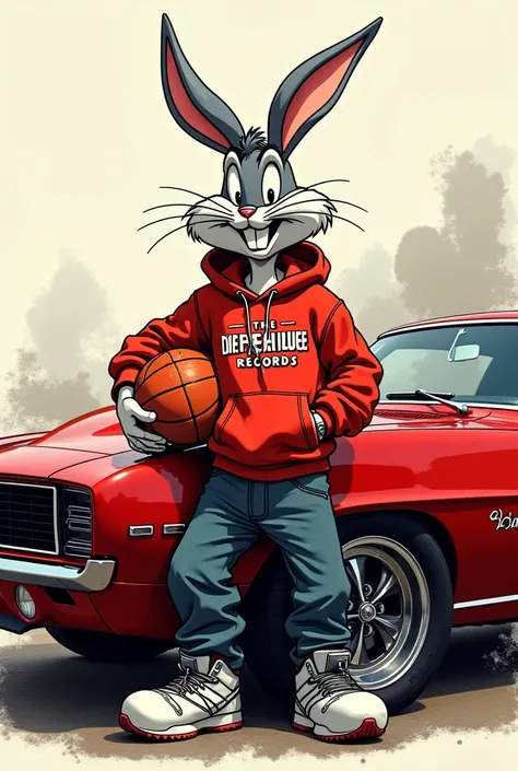  create a sketch-style image ,  with Bugs Bunny wearing like an MC , with a hoodie written  (The Drip House Records) And a basketball in the hand all stylish on the side of a red Camaro