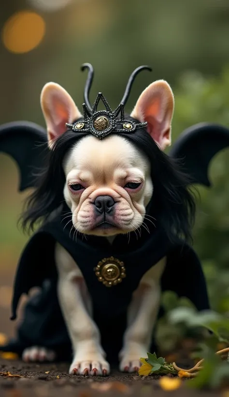 a highly stylized, cinematic photograph of a tiny , cream coloured French Bulldog puppy dressed in an elaborate costume inspired by Princess Aurora from Sleeping Beauty, complete with a majestic, curved wig reminiscent of Angelina Jolie's Maleficent, featu...