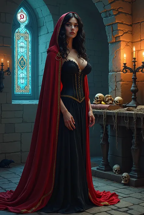 A dark gothic hyper realistic photography
 depicting a mysterious and seductive woman playboy model full body huge, enormous, gigantic round breasts, underbust, marked nipples, big and huge ass, narrow waist, standing in a dimly lit medieval stone chamber....