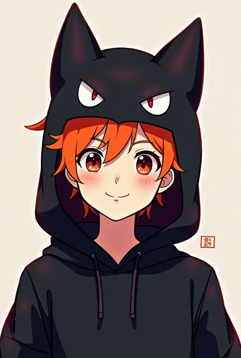 Hello,  I would like you to create an image of my Roblox avatar.  dark orange-haired boy  ,  with Gengar Pokémon hat color black , And face of Neko Arc 