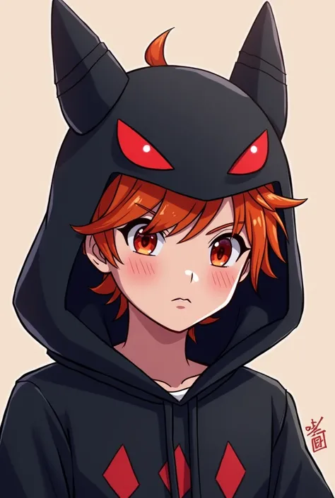 Hello,  I would like you to create an image of my Roblox avatar.  dark orange-haired boy  ,  with Gengar Pokémon hat color black , And face of Neko Arc 