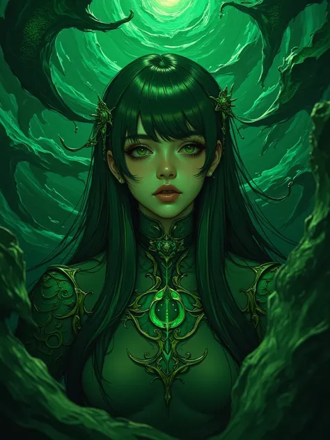 Anime char on dark surrealism, green shades artwork