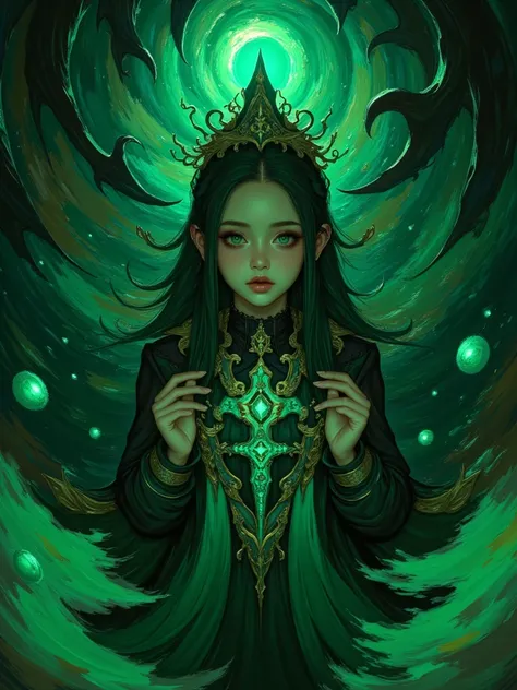 Anime char on dark surrealism, green shades artwork