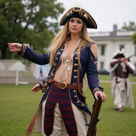 a cute woman as an American revolutionary war soldier (sexy uniform, tight yoga pants leggings labia well defined, uniform top open no bra) she has her 1700s rifle leveled at viewer, the White house is behind her, "FUCK U.S. A.I.D.' is written clearly acro...