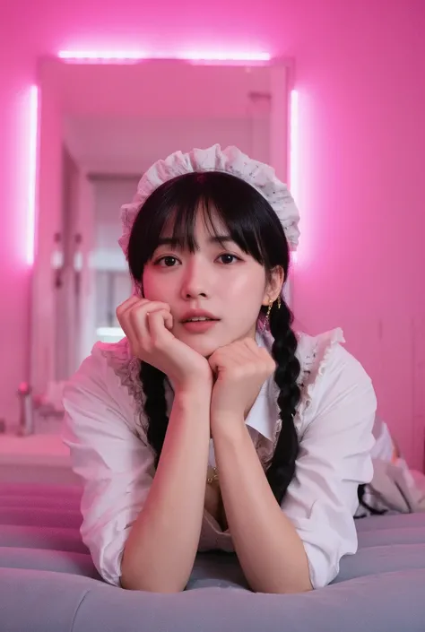 ((top quality)), ((masterpiece)), (Details),one Japanese girl, age 18,japanese idol face,droopy eyes,smile ,open mouth,look at me ,face shot,black tying hair, white skin ,french maid costume,ribbon accents,cleavage, small gold earrings,small gold necklace,...