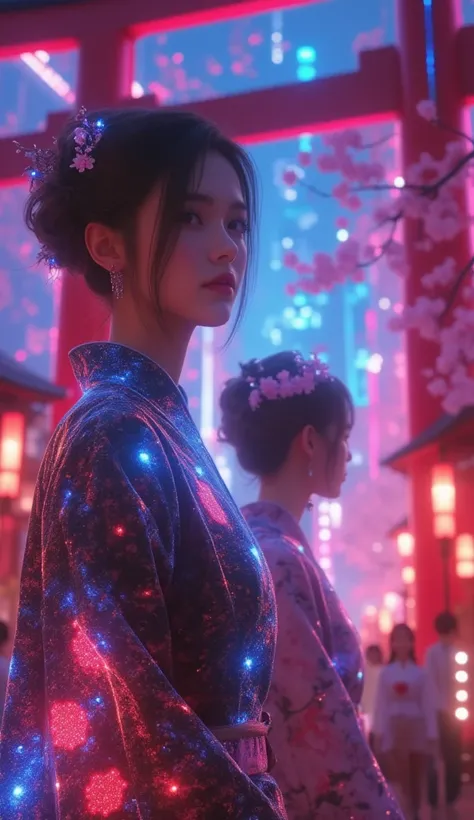  A futuristic coming-of-age ceremony unfolds in a vibrant cityscape .  young Japanese men and women light up with ornaments 々Standing there ,  It features .  The elegant hairstyle 、 enhances the fusion of tradition and technology  ,   This work emphasizes ...