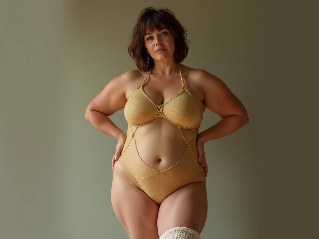 photo Realistic full body photo of plus size dancer, Fourth models 50-year-old mature woman with brown hair with bangs, shaved ,( Art by Anato Finnstark :1.2), ( elegant pose :1.5),( hands on hips:1.5),( looking at the camera :1.2) ,( Realistic:1.5), high ...