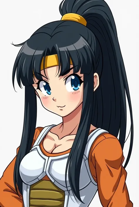  Dragon Ball anime avatar ,  white-skinned girl,  long black hair tied in a tall, straight ponytail ,  bangs covering her forehead ,  blue eyes,  with a golden headband on her head .  
high,  medium and thin bust . 
 Wearing the typical Saiyan costume that...