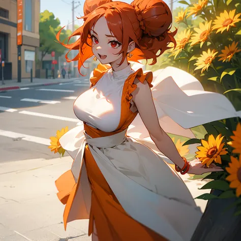 1female, adult, sexy, big breast, finely detailed red eyes, (straight medium hair), orange top bun hair, casual clothing, sun dress, excited expression, (perfect generation), standing on street, detailed background, bracelet, flowers, earrings